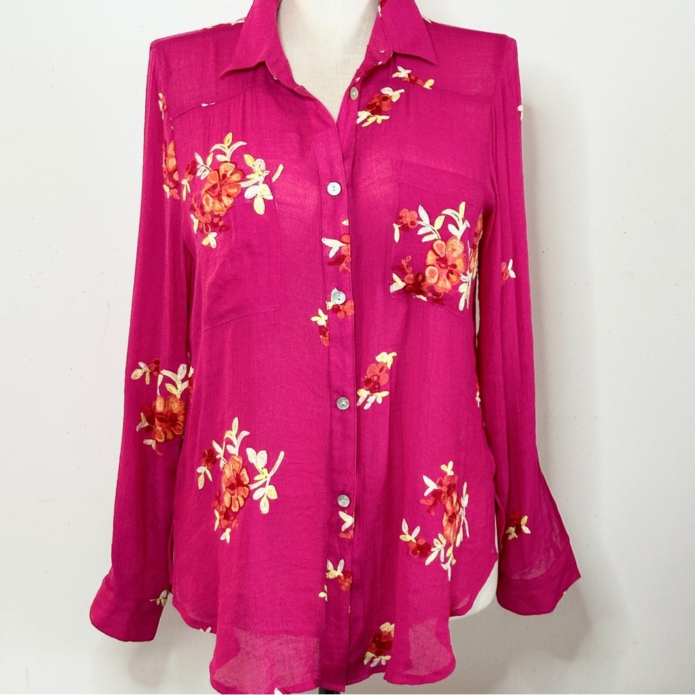 Fig & Flower Floral Embroidered Blouse Tunic L Fuchsia Pink Button Down